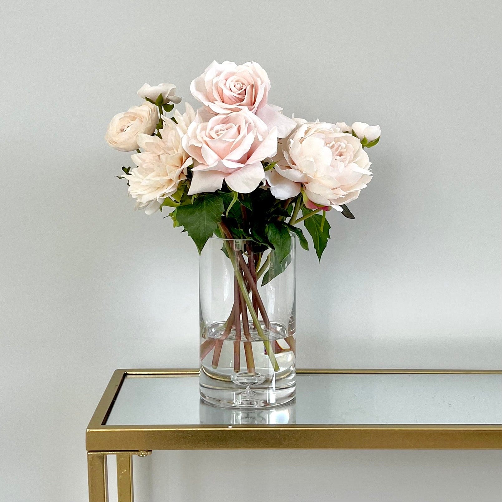 Realistic Artificial Blush Pink Rose & Dahlia Arrangement In Vase AHCH-574 by The Faux Flower Company
