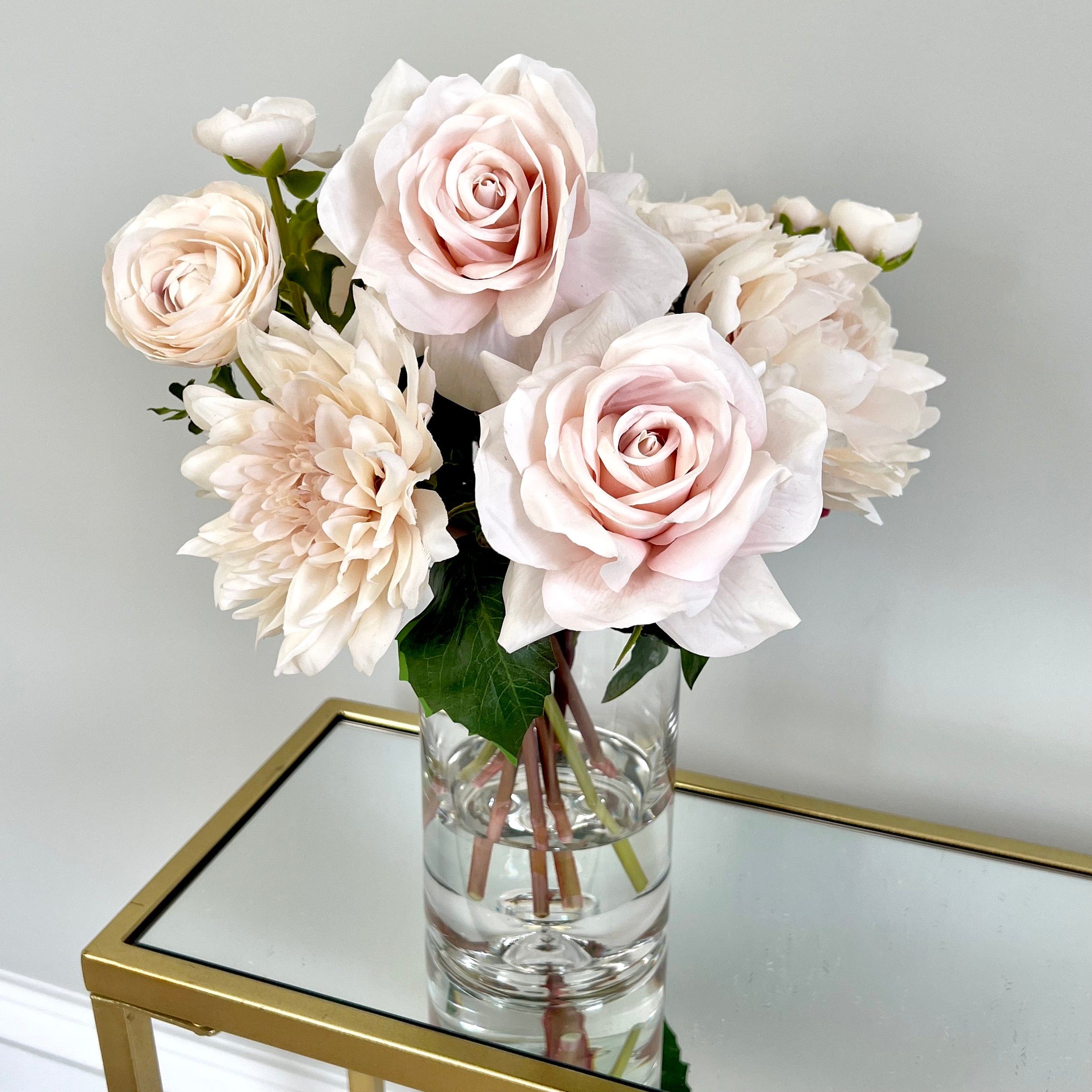 Realistic Artificial Blush Pink Rose & Dahlia Arrangement In Vase AHCH-574 by The Faux Flower Company