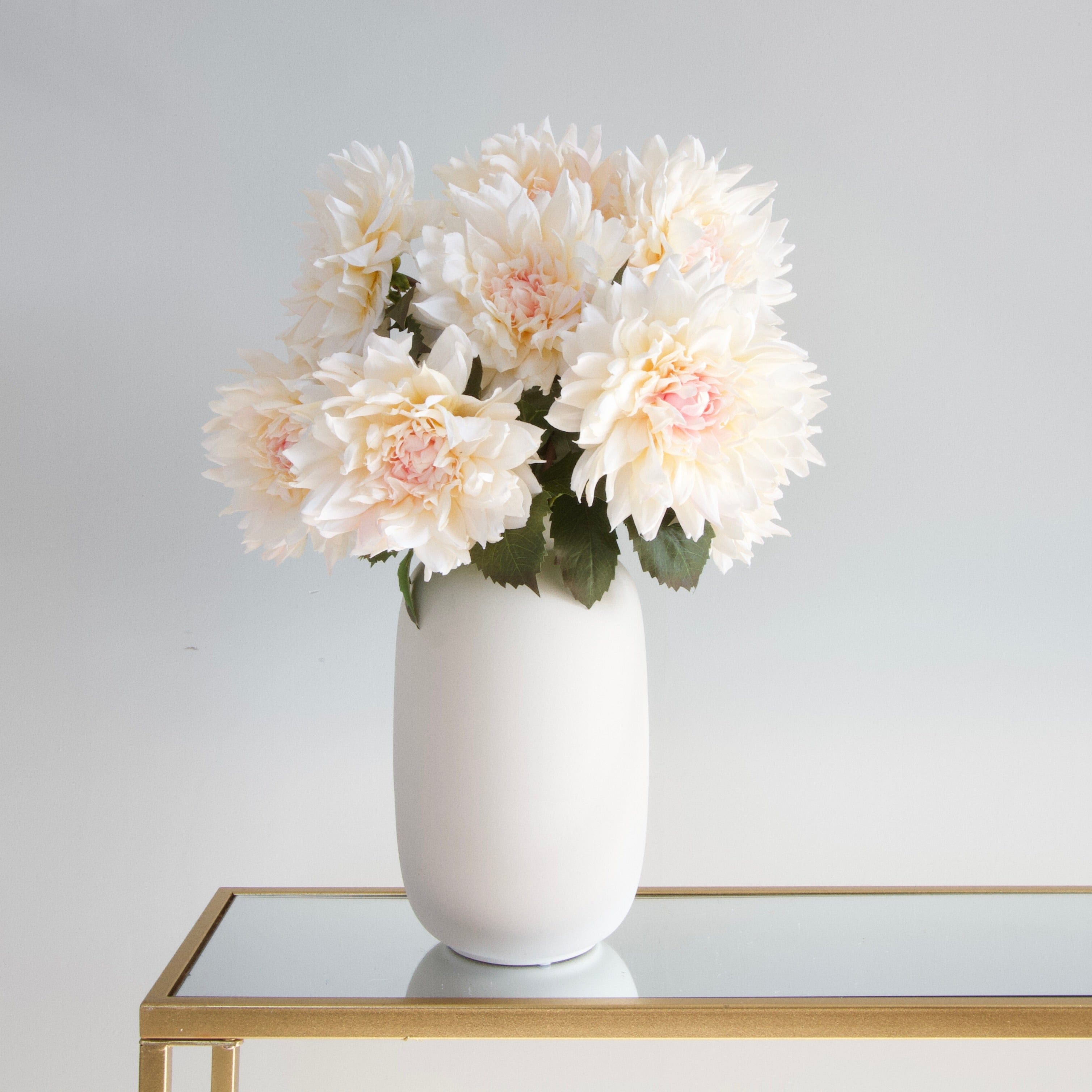 Realistic Cafe Au Lait Dahlia Bouquet & Kingham Vase Set ABY2216LPK-7 + ABP04B3 by The Faux Flower Company