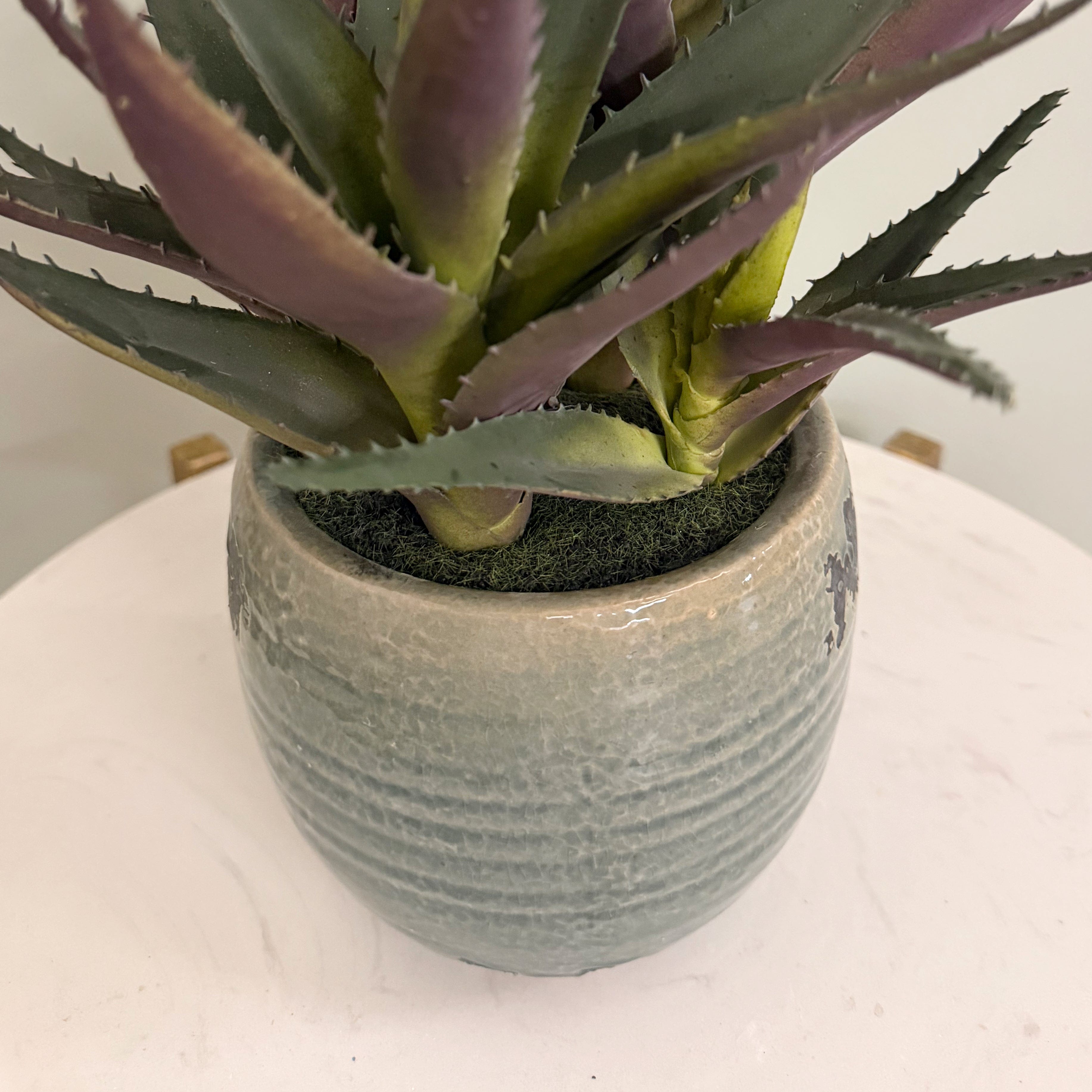 Realistic Artificial Green and Purple Aloe Vera in Blue Clay Pot AHCH-1906 by The Faux Flower Company