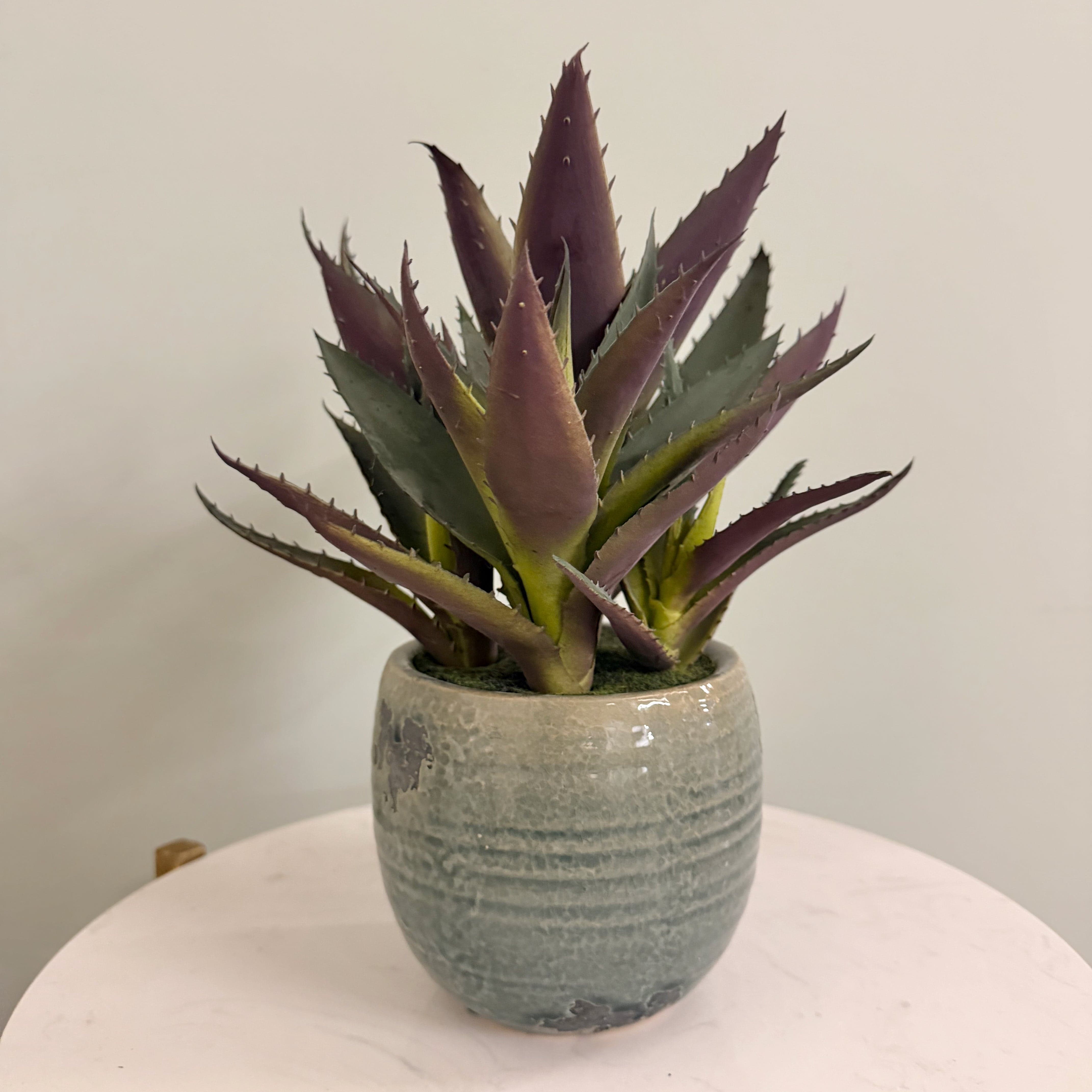 Realistic Artificial Green and Purple Aloe Vera in Blue Clay Pot AHCH-1906 by The Faux Flower Company