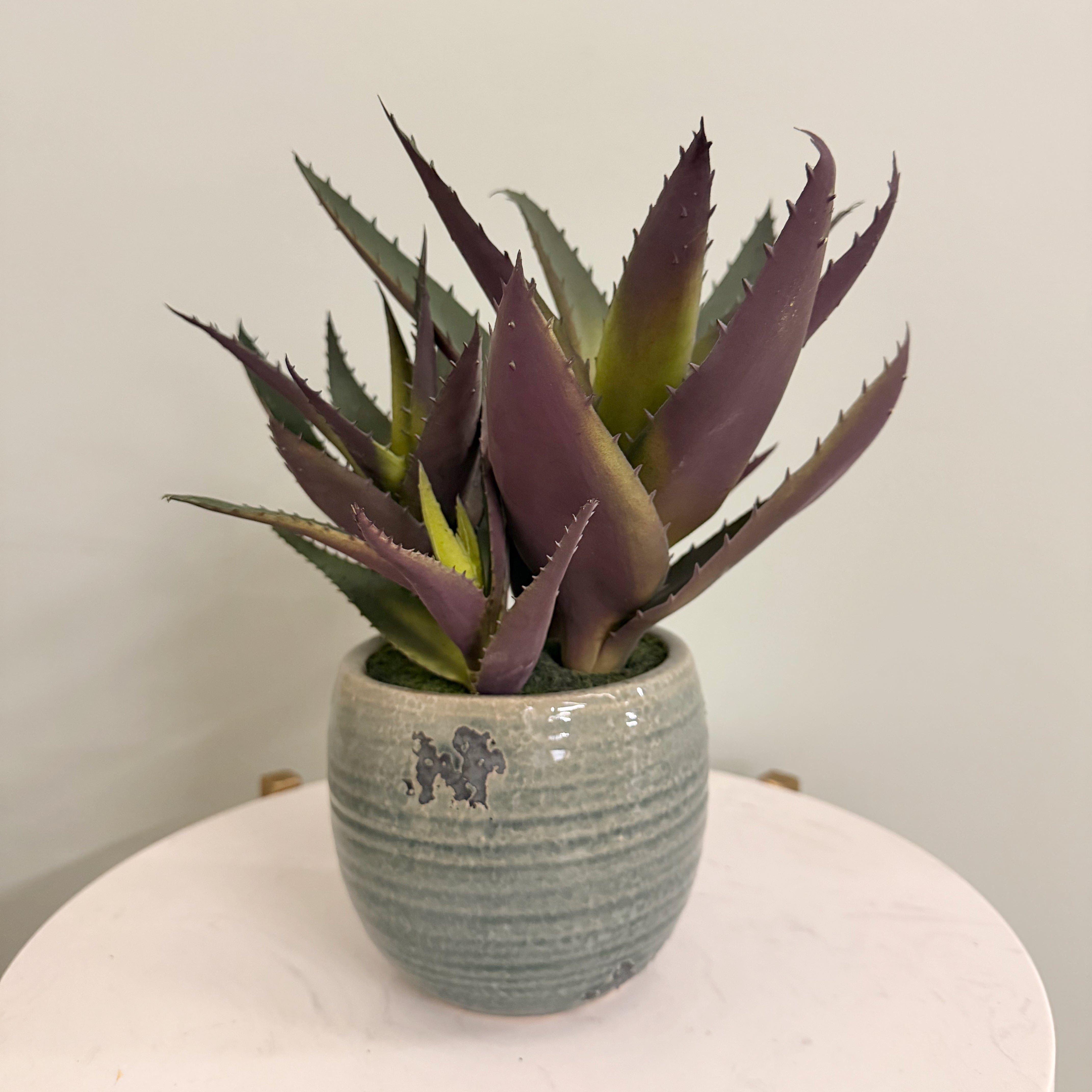 Realistic Artificial Green and Purple Aloe Vera in Blue Clay Pot AHCH-1906 by The Faux Flower Company