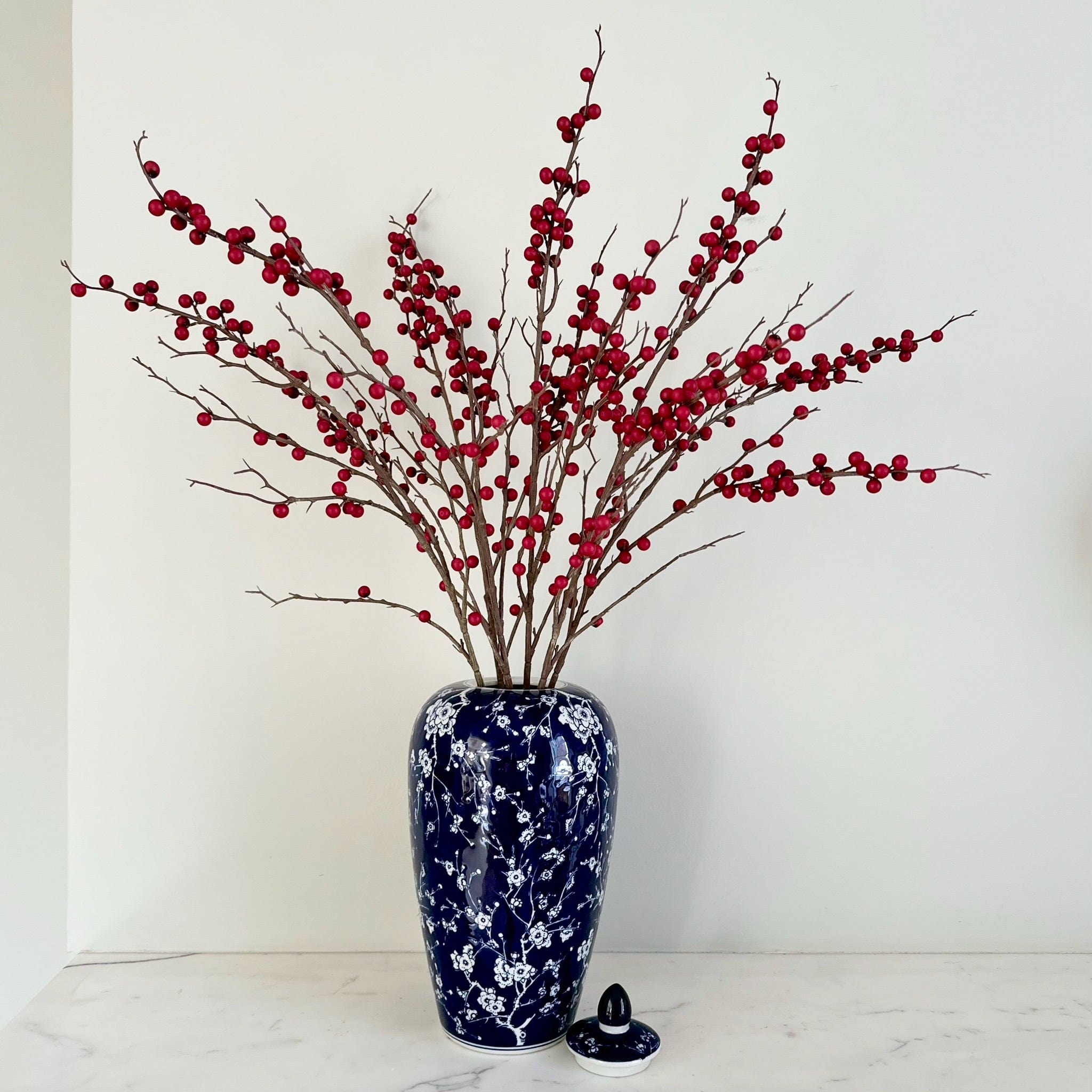 Realistic Tall Red Berries & Oriental Vase Set ABX3783RD-6 + AHCH-081 by The Faux Flower Company