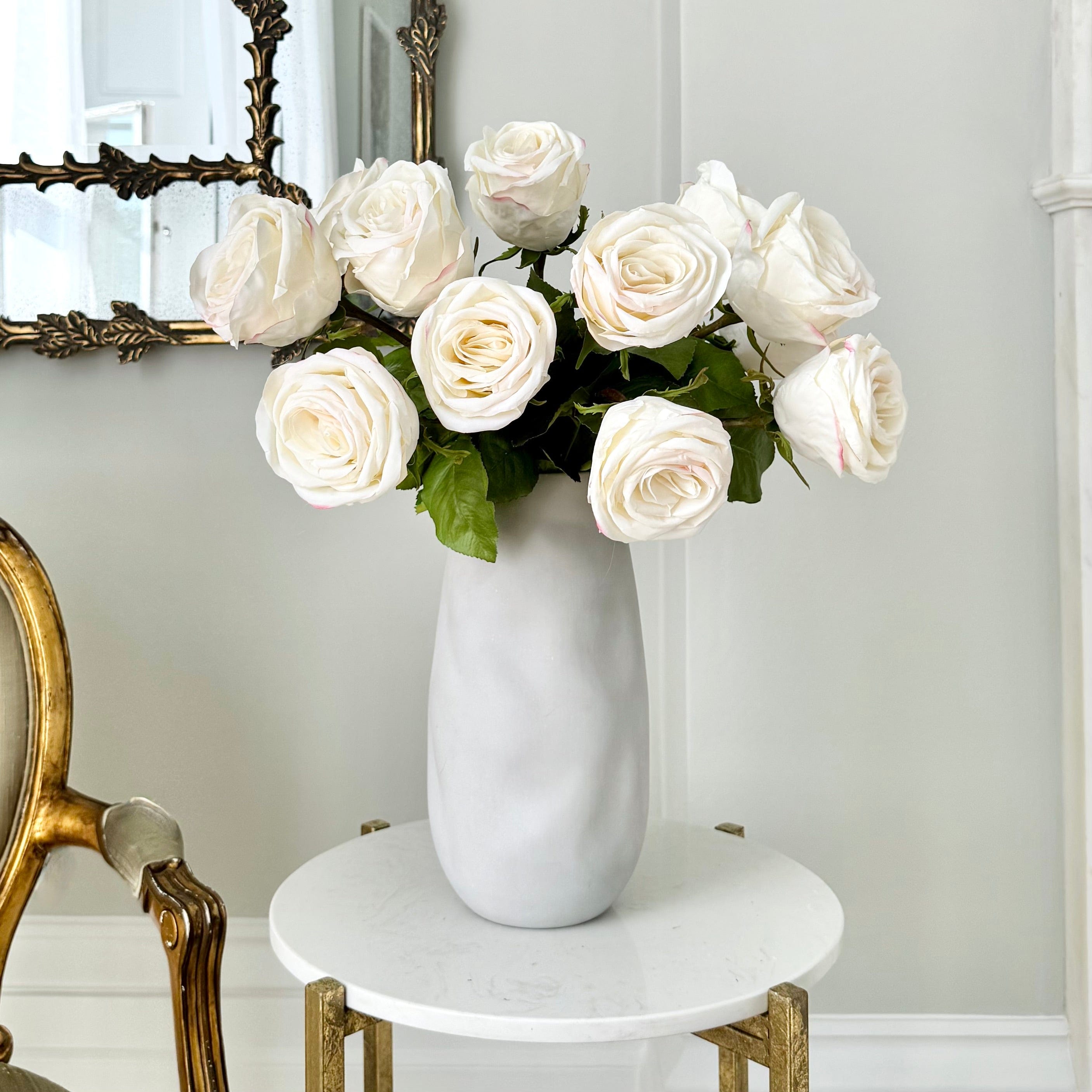 Realistic White Large Rose Bouquet & Naunton Vase Set ABY5113WH-10 + ABP525B by The Faux Flower Company
