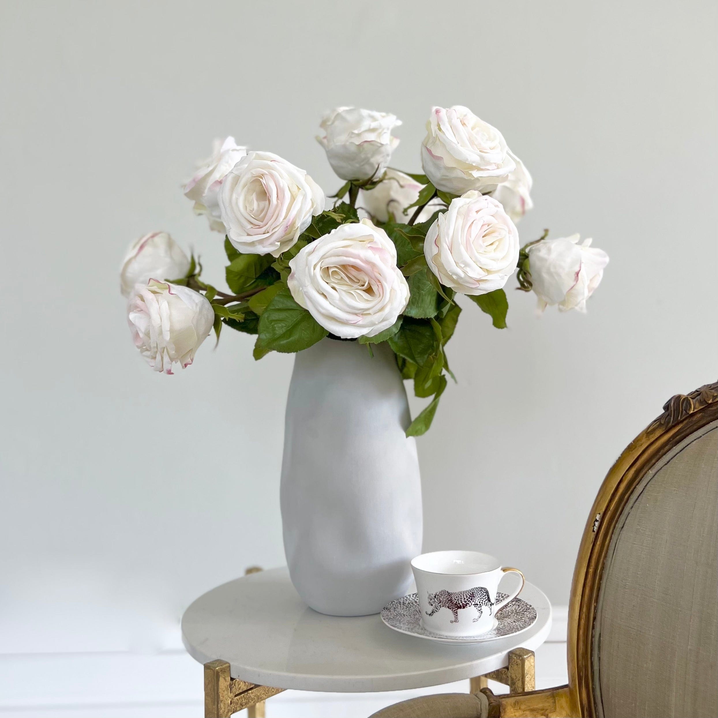 Realistic White Large Rose Bouquet & Naunton Vase Set ABY5113WH-10 + ABP525B by The Faux Flower Company
