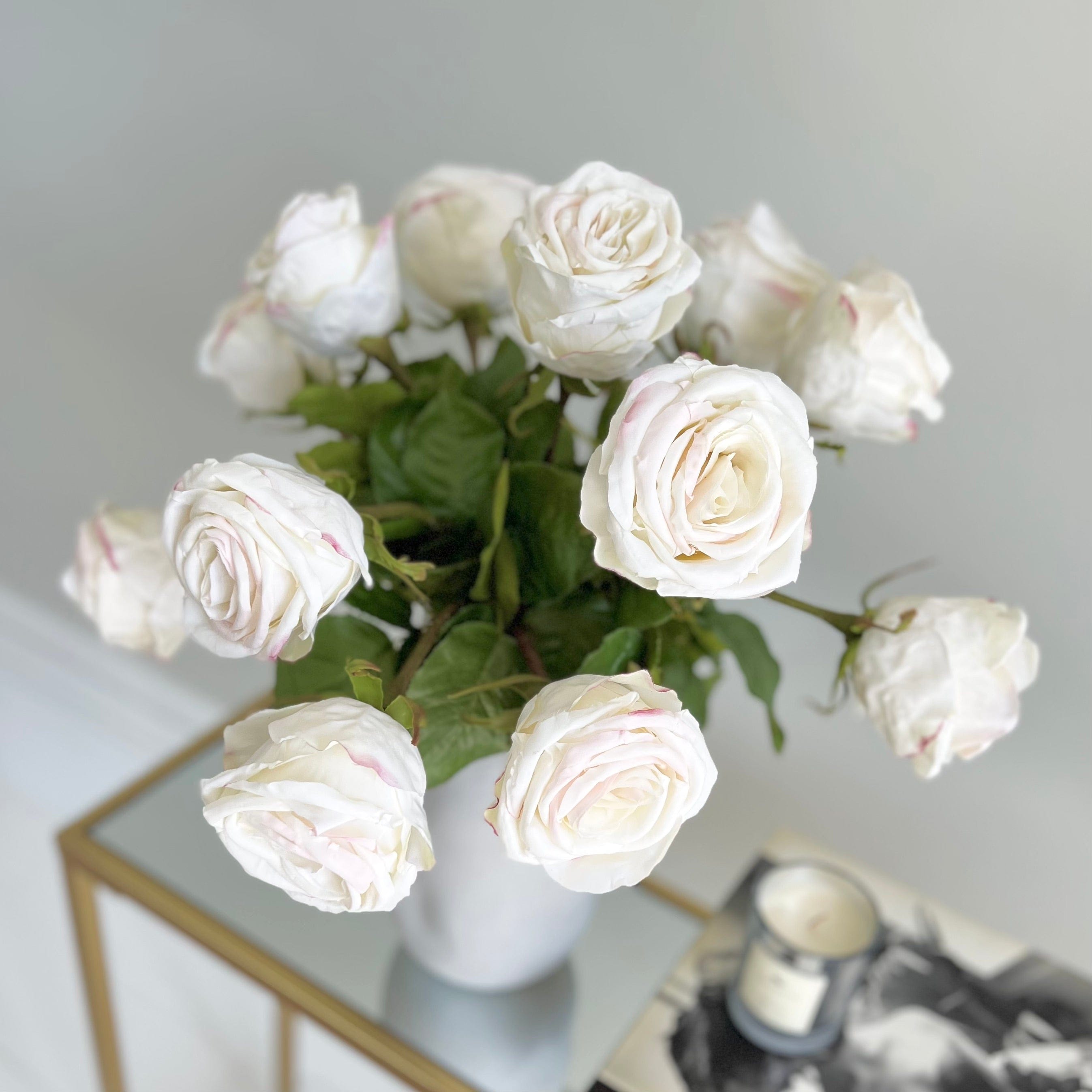 Realistic White Large Rose Bouquet & Naunton Vase Set ABY5113WH-10 + ABP525B by The Faux Flower Company