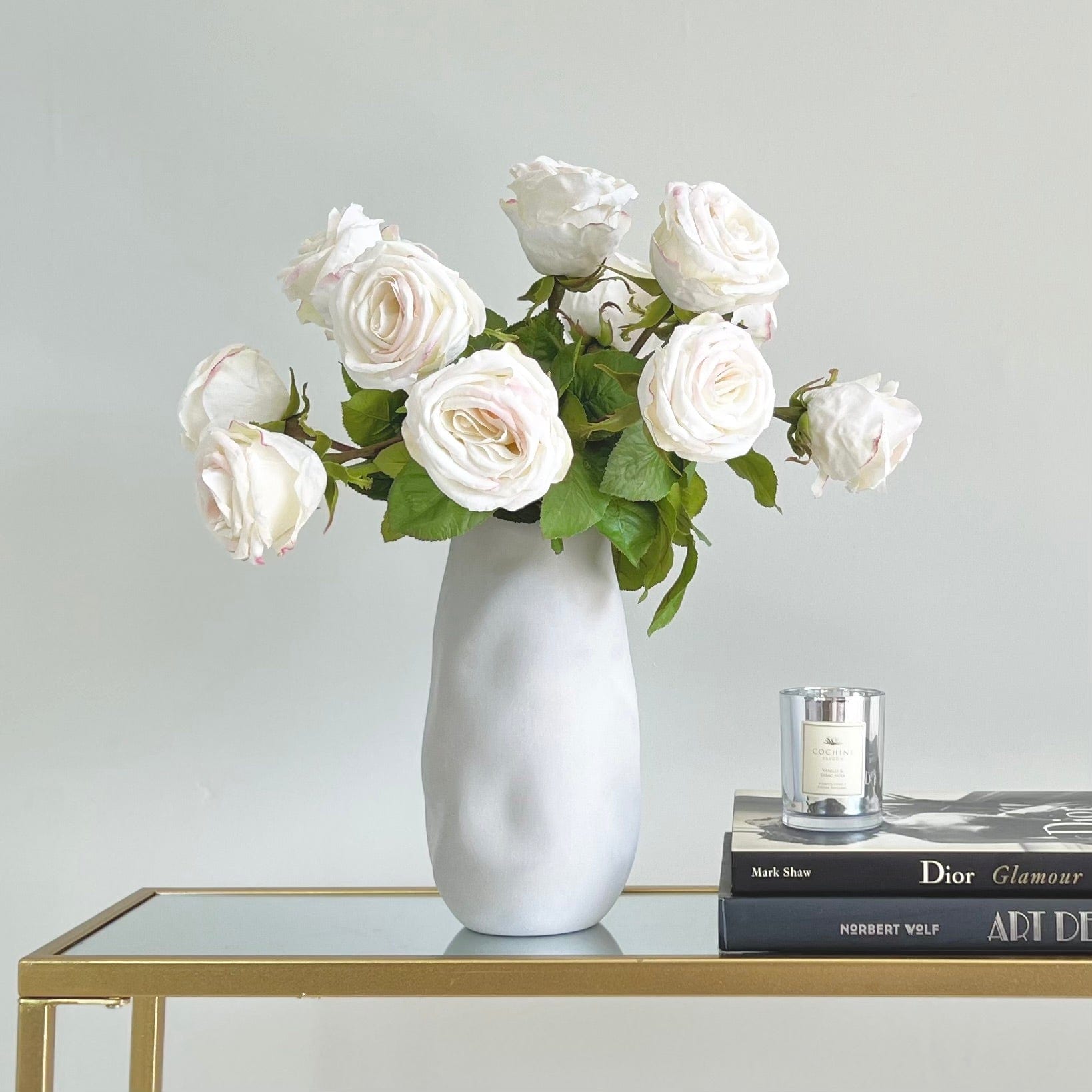 Realistic White Large Rose Bouquet & Naunton Vase Set ABY5113WH-10 + ABP525B by The Faux Flower Company