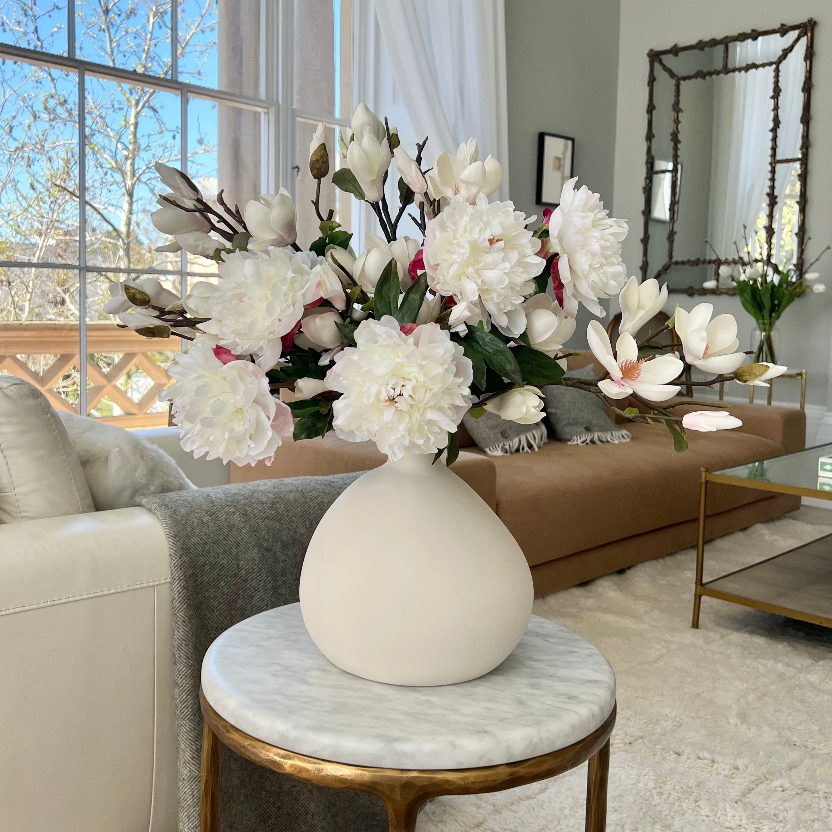 Realistic White Peony and Magnolia Bouquet & Burford Vase Set ABY4046WH-5 + ABY7098WH-5 + ABP1747 by The Faux Flower Company