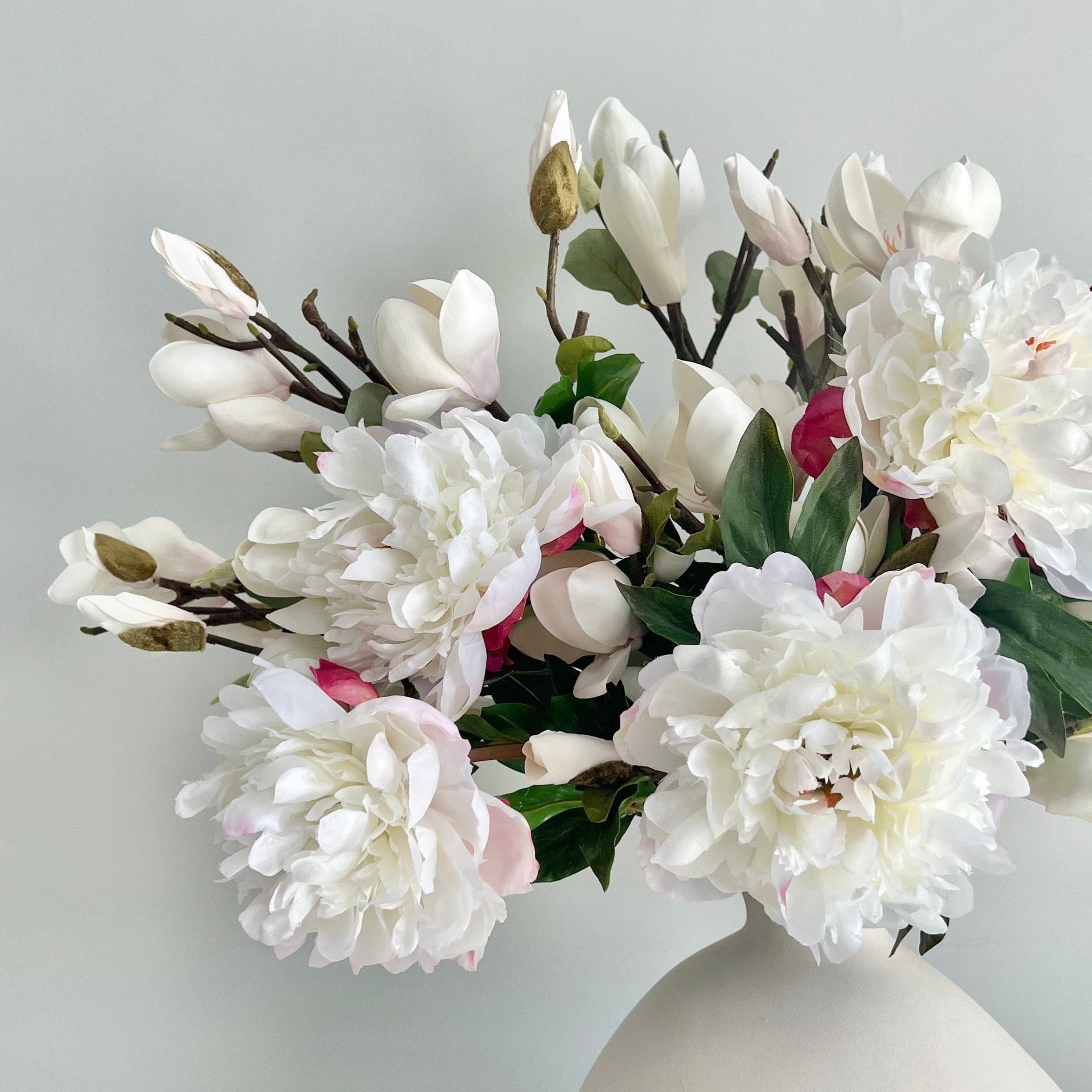 Realistic White Peony and Magnolia Bouquet & Burford Vase Set ABY4046WH-5 + ABY7098WH-5 + ABP1747 by The Faux Flower Company