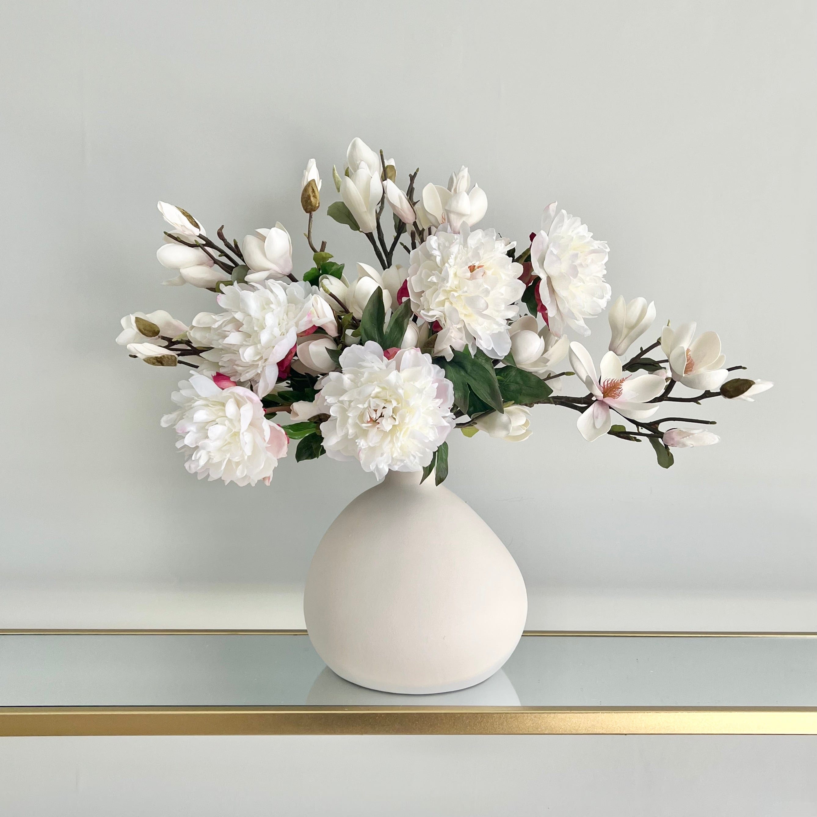 Realistic White Peony and Magnolia Bouquet & Burford Vase Set ABY4046WH-5 + ABY7098WH-5 + ABP1747 by The Faux Flower Company