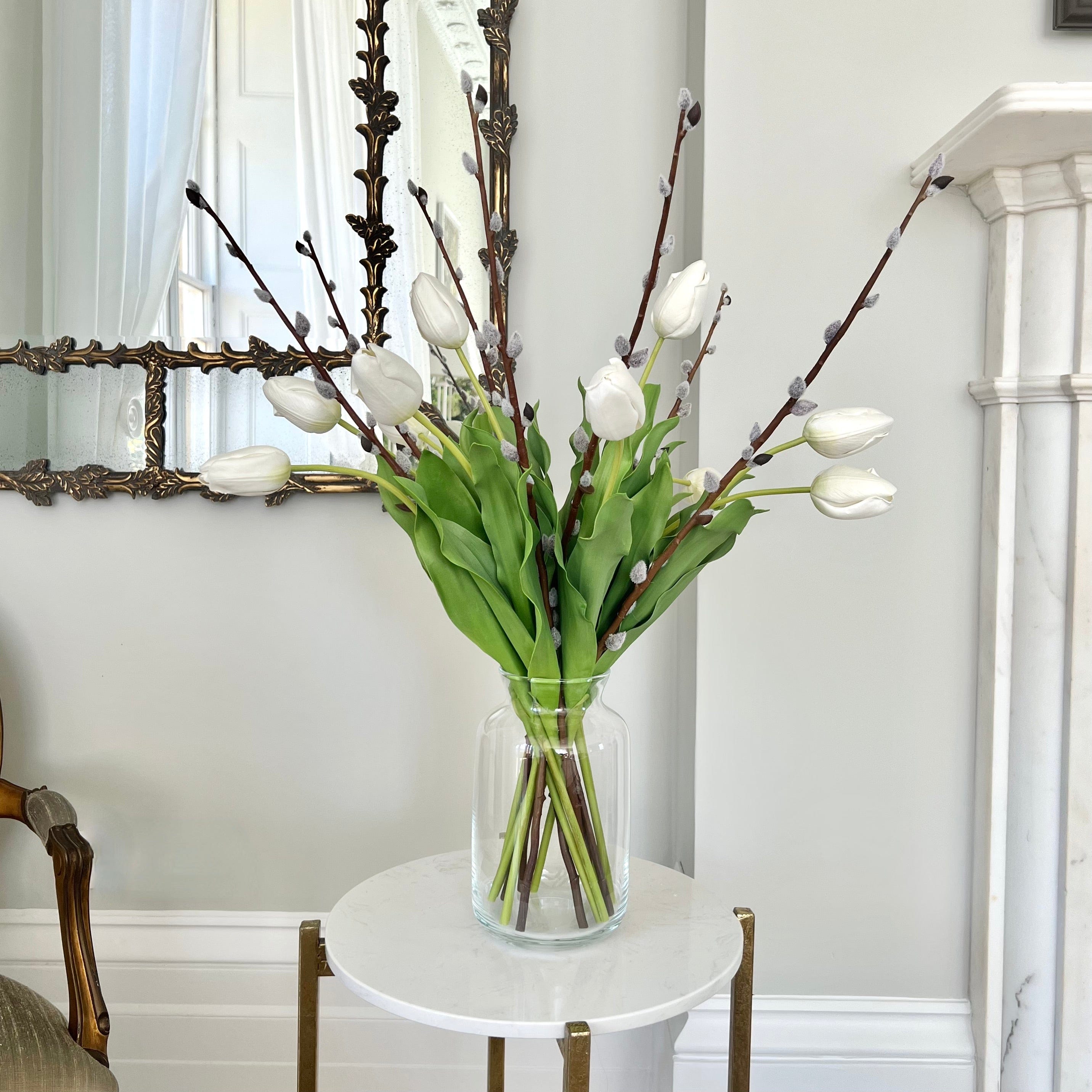 Realistic White Tulip and Pussy Willow Bouquet & Clear Funnel Neck Vase Set ABY5657WH-10 + ABZ5173BR-7 + ABV2252 by The Faux Flower Company