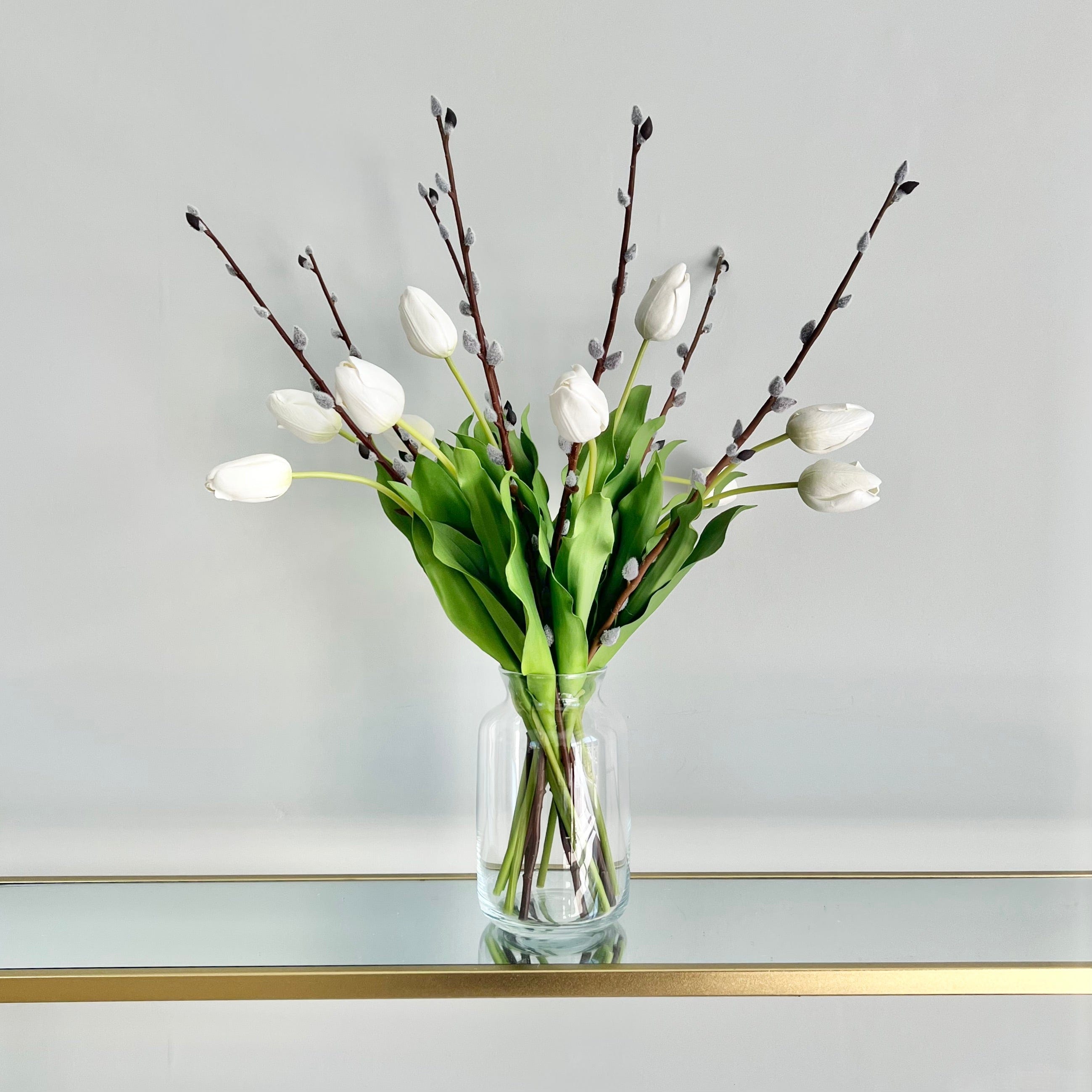 Realistic White Tulip and Pussy Willow Bouquet & Clear Funnel Neck Vase Set ABY5657WH-10 + ABZ5173BR-7 + ABV2252 by The Faux Flower Company