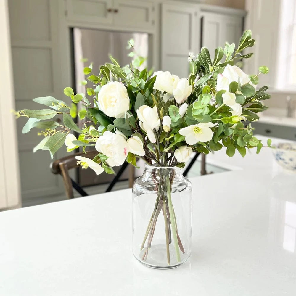 Realistic Foliage and White Flowers Bouquet & Clear Funnel Neck Vase Set Bouquet Kit A + ABV2253 by The Faux Flower Company
