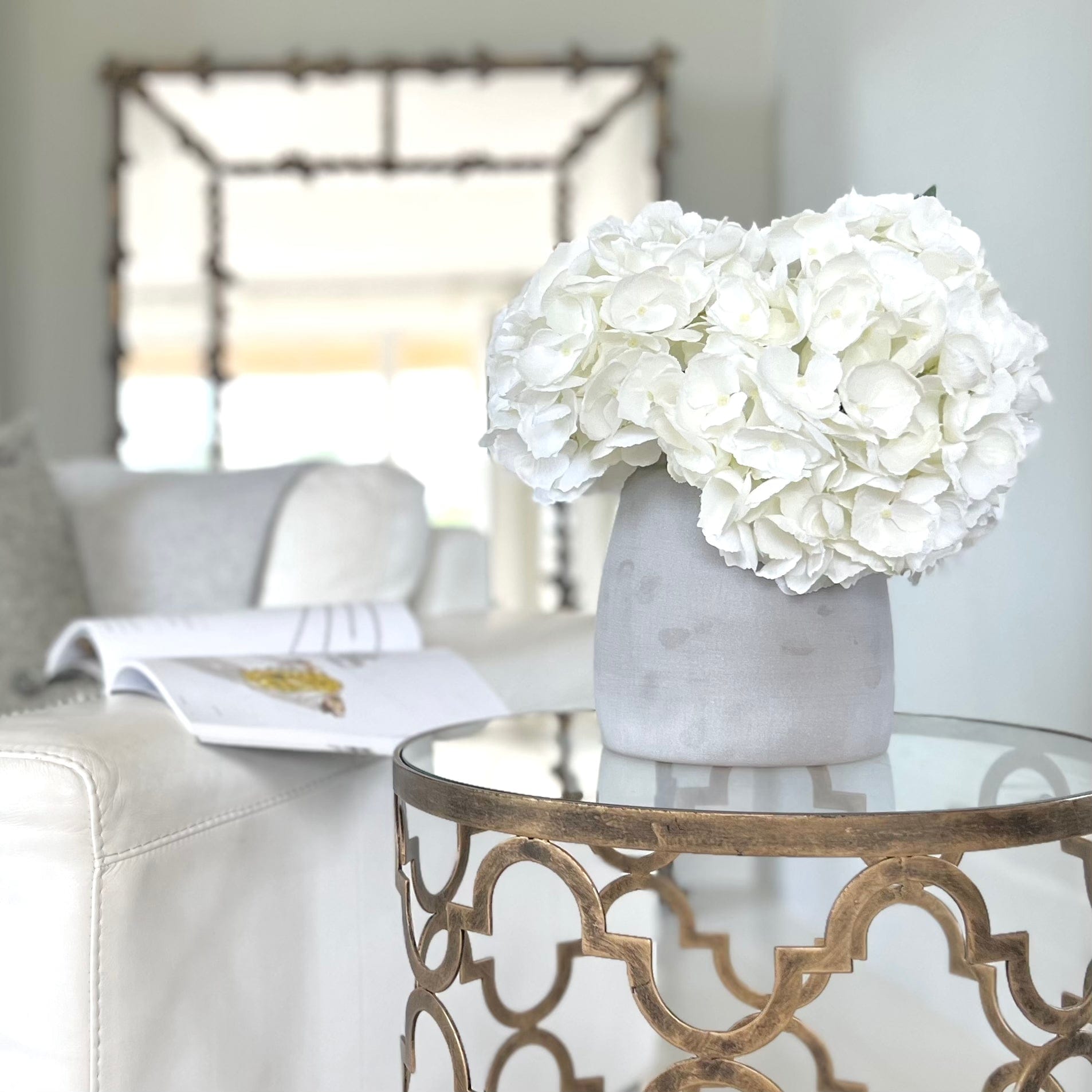 Realistic White Mophead Hydrangea Bouquet & Kemble Vase Set ABX5001WH-36-3 + ABP1766 by The Faux Flower Company
