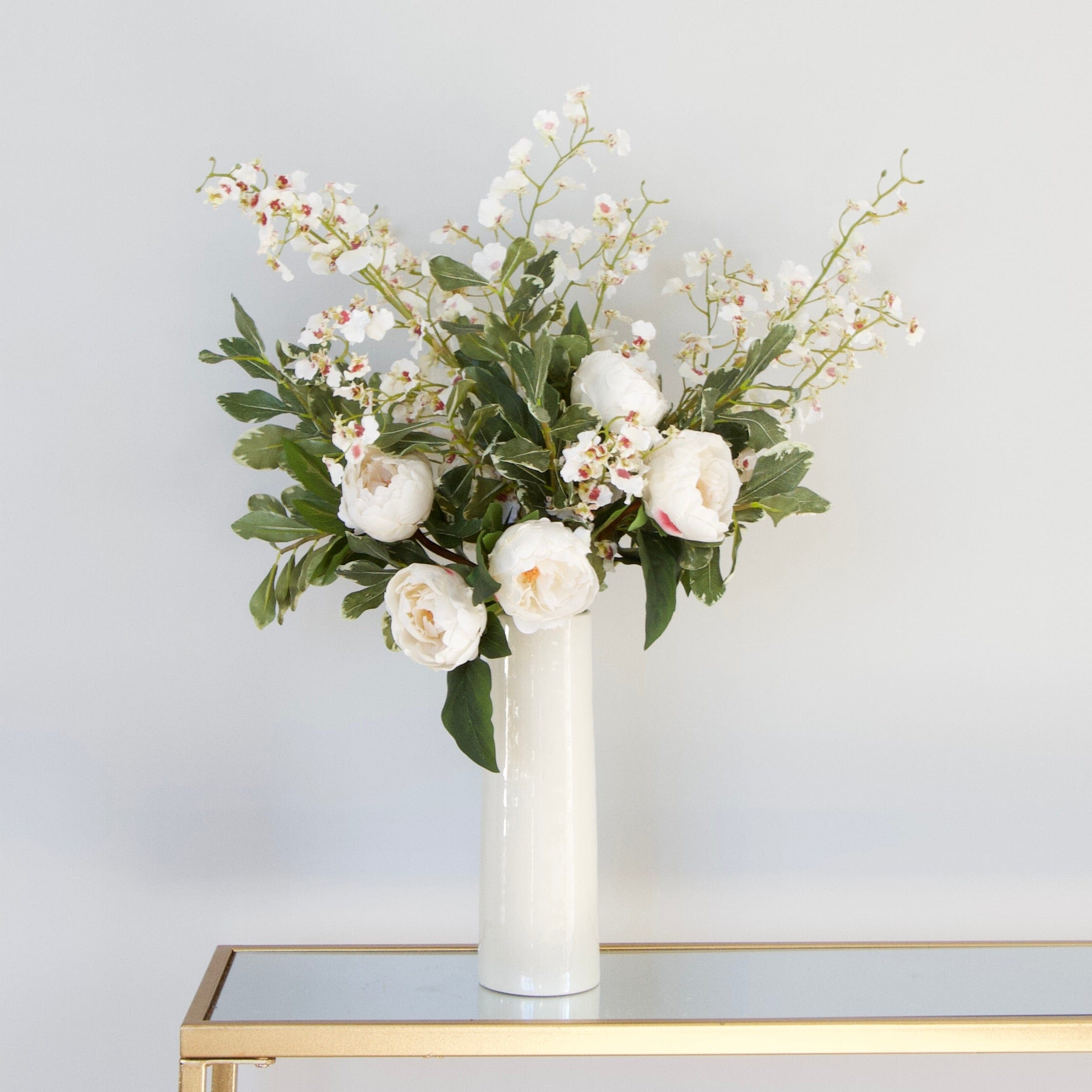 Realistic White Peony & Orchid Artificial Flower Arrangement Oncidium AR by The Faux Flower Company