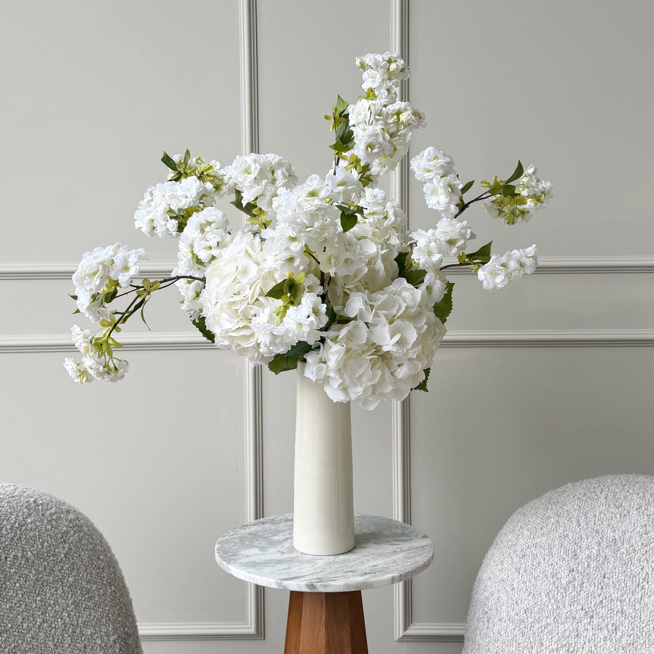 Realistic White Cherry Blossom & Hydrangea Arrangement AR ABX5043WH-5 & ABX5001WH-54-5 by The Faux Flower Company