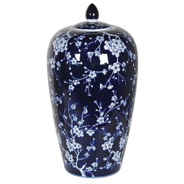 Realistic Oriental Blue & White Floral Vase with Lid AHCH-081 by The Faux Flower Company