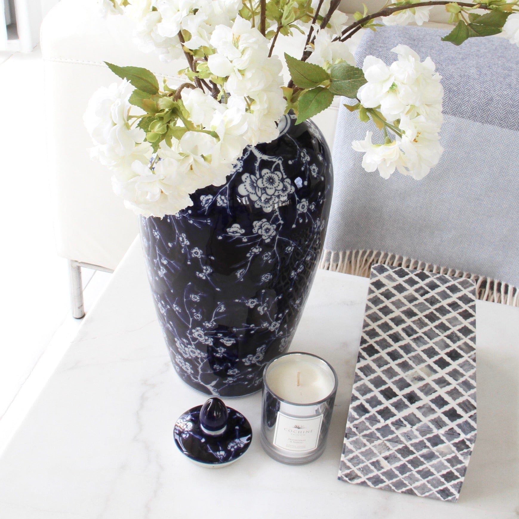 Realistic Oriental Blue & White Floral Vase with Lid AHCH-081 by The Faux Flower Company