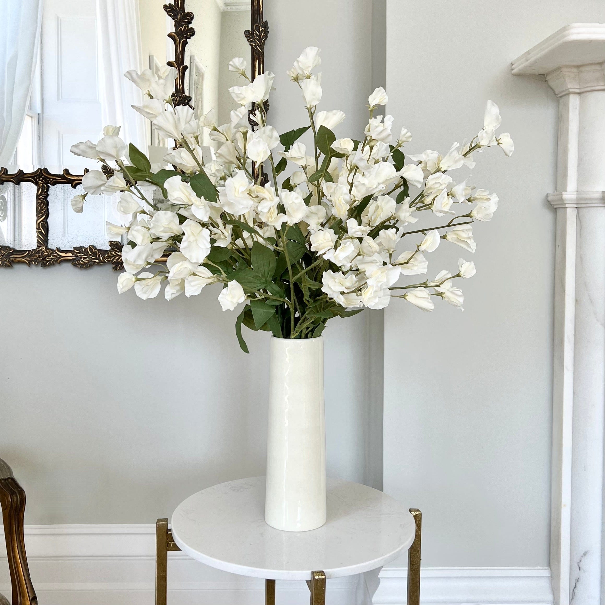 Realistic Cream Tall Sweet Pea Bouquet & Prestbury Vase Set ABZ9280WH-10 + ABP1828 by The Faux Flower Company