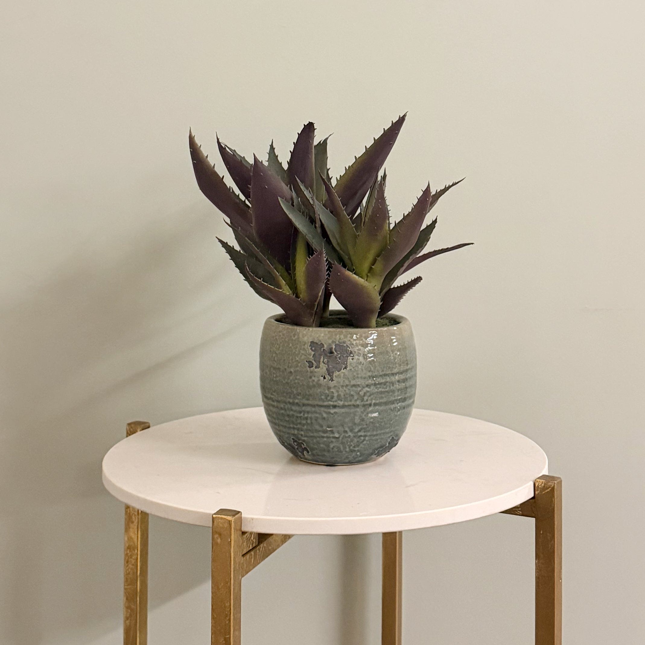Realistic Artificial Green and Purple Aloe Vera in Blue Clay Pot AHCH-1906 by The Faux Flower Company