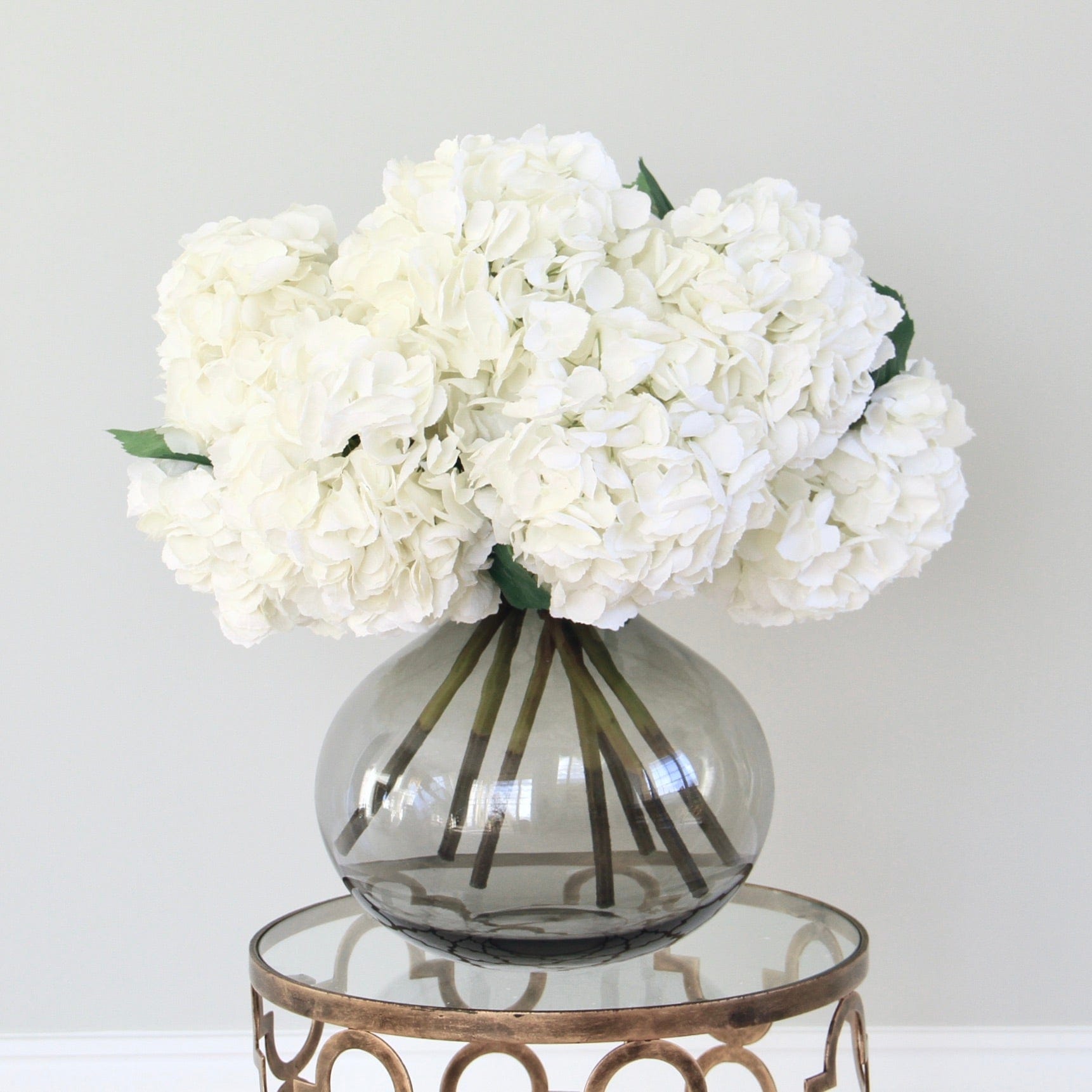Realistic White Hydrangea Bouquet & Smoky Grey Bulb Vase Set ABX5001WH-54-10 + ABV0203 by The Faux Flower Company