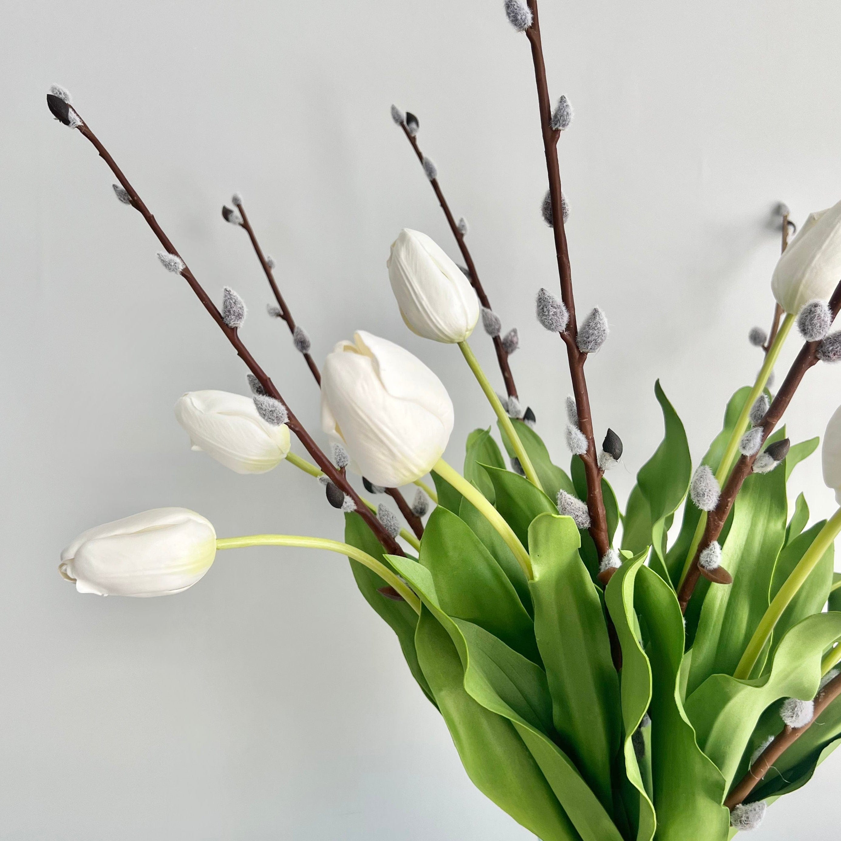 Realistic White Tulip and Pussy Willow Bouquet & Clear Funnel Neck Vase Set ABY5657WH-10 + ABZ5173BR-7 + ABV2252 by The Faux Flower Company