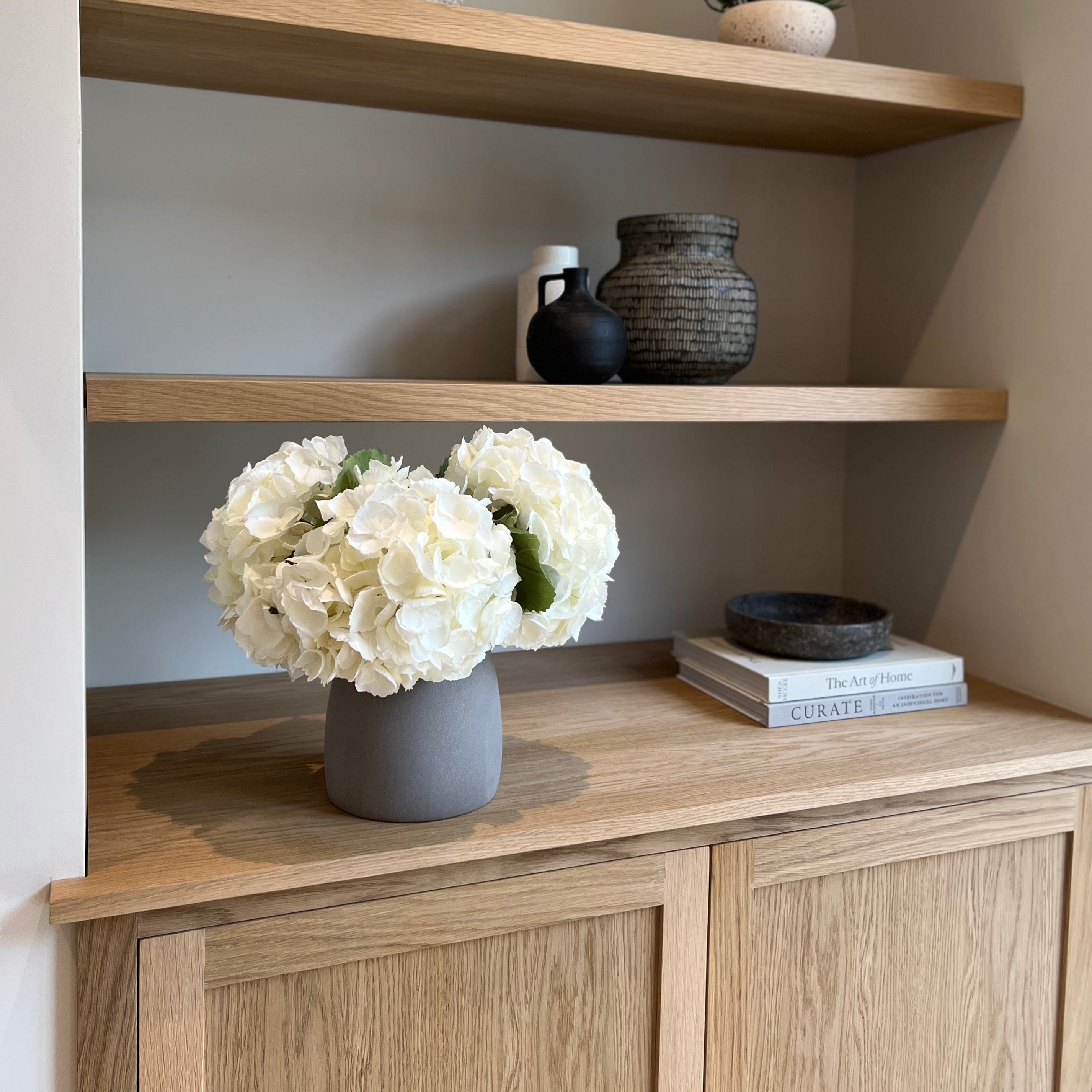 Realistic White Mophead Hydrangea Bouquet & Kemble Vase Set ABX5001WH-36-3 + ABP1766 by The Faux Flower Company