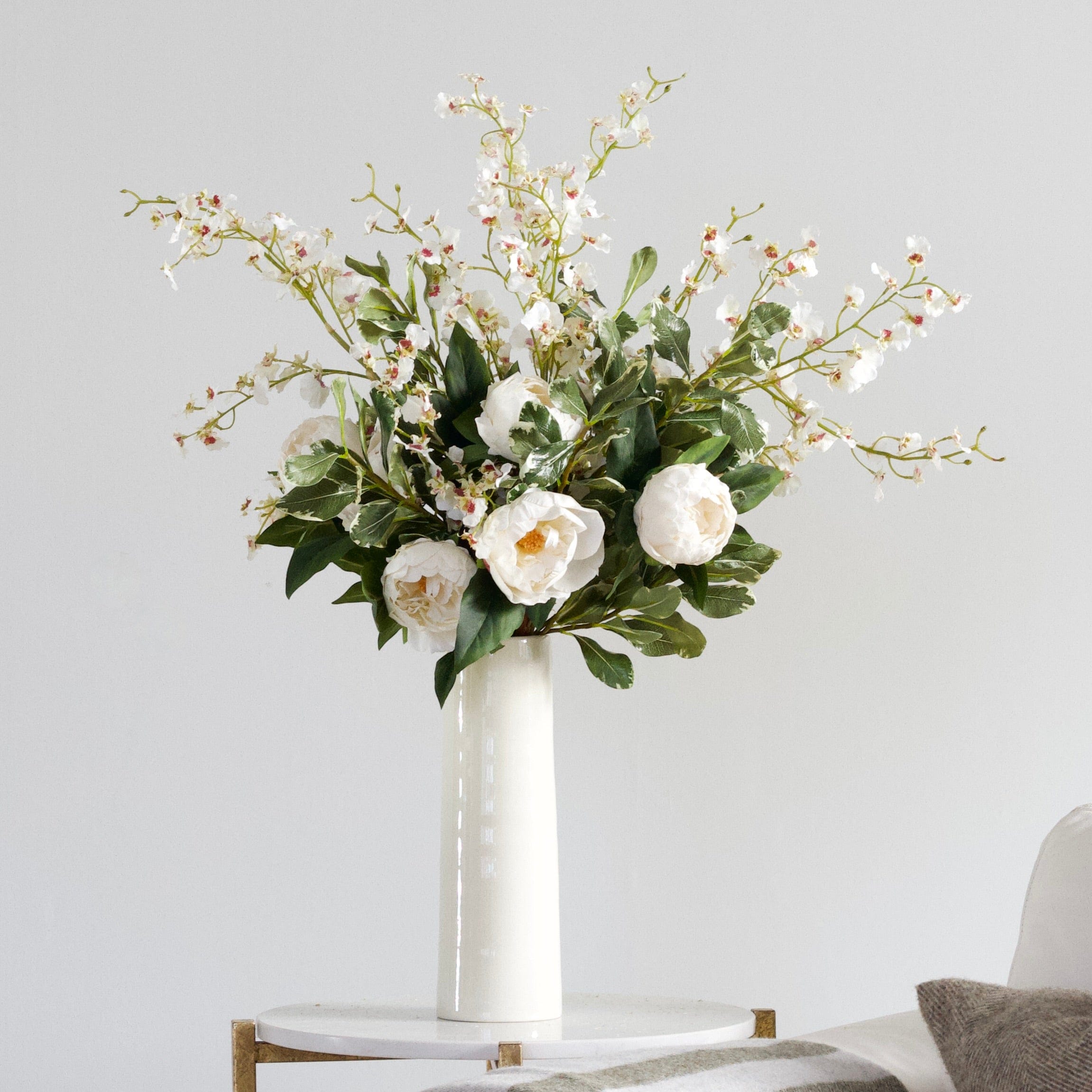 Realistic White Peony & Orchid Artificial Flower Arrangement Oncidium AR by The Faux Flower Company