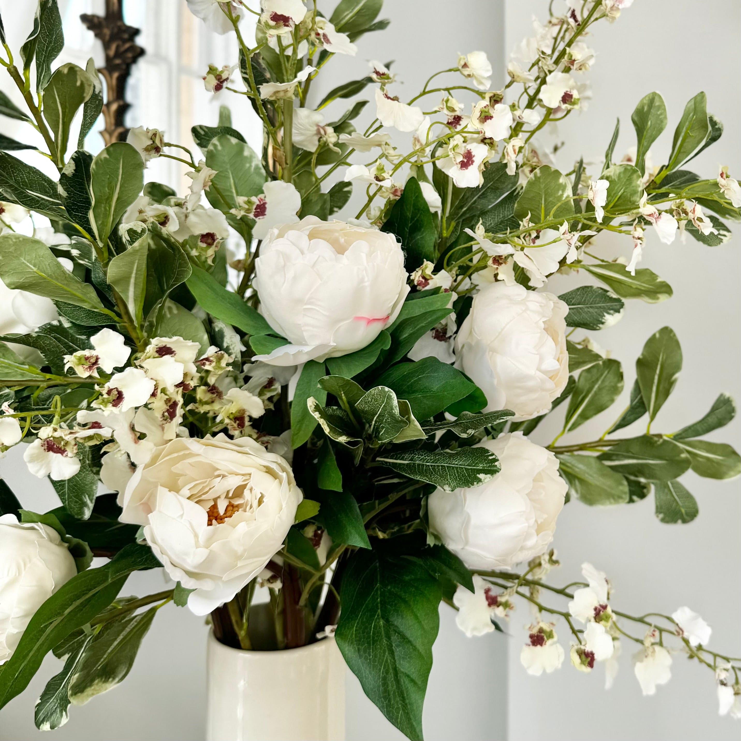 Realistic White Peony and Orchid Bouquet & Prestbury Vase Set Oncidium AR + ABP1828 by The Faux Flower Company