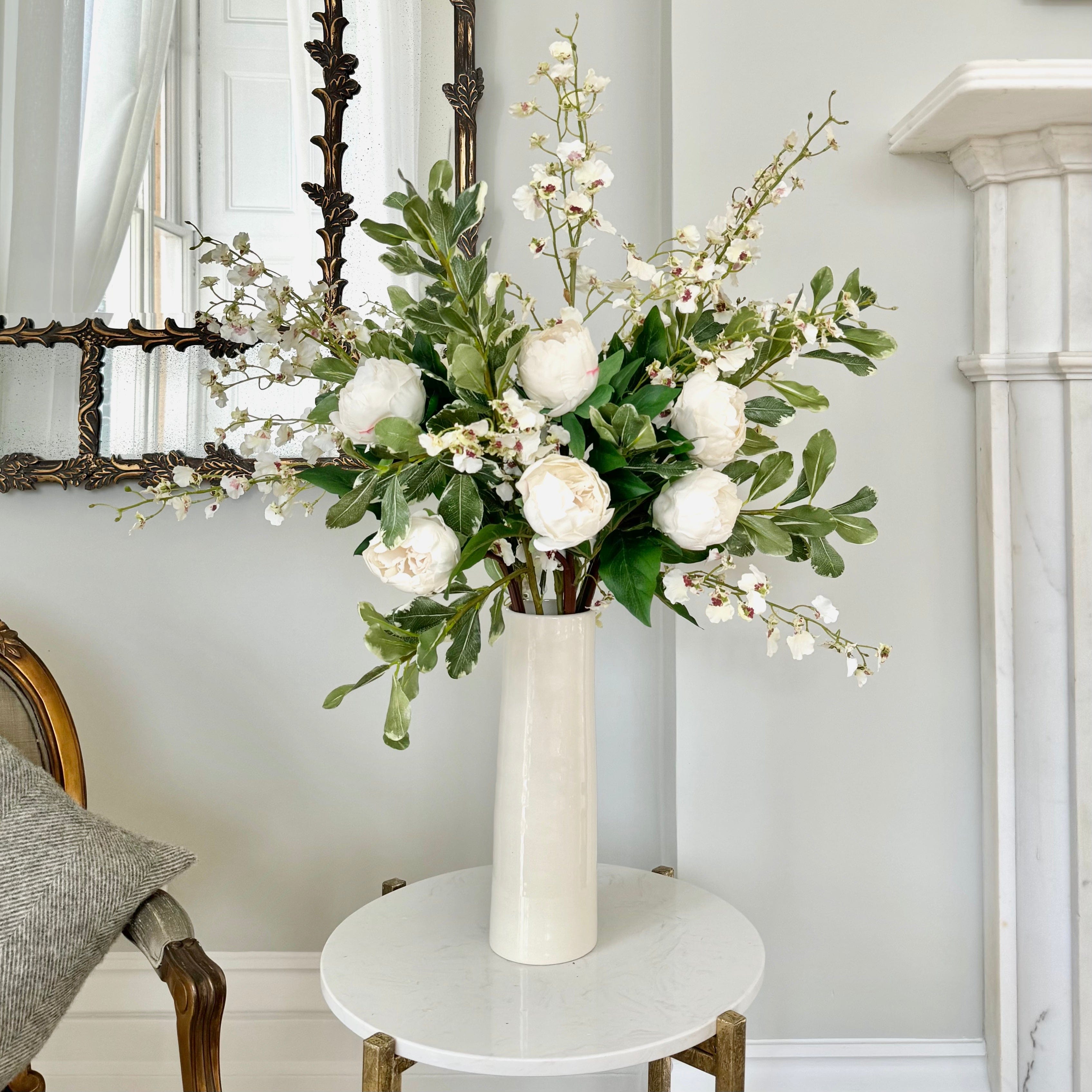 Realistic White Peony and Orchid Bouquet & Prestbury Vase Set Oncidium AR + ABP1828 by The Faux Flower Company
