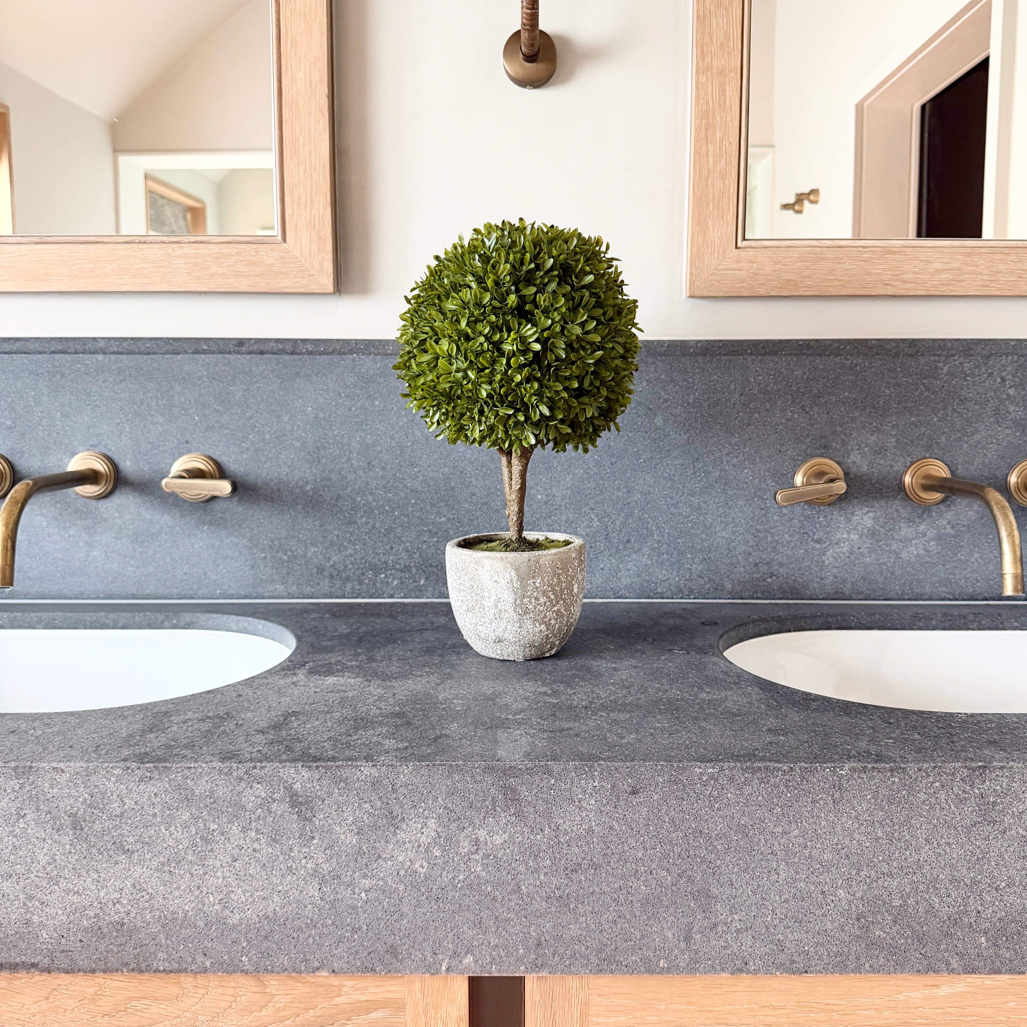 Realistic Artificial Green Miniature Boxwood Ball In Stone-look Pot AHCH-0978 by The Faux Flower Company