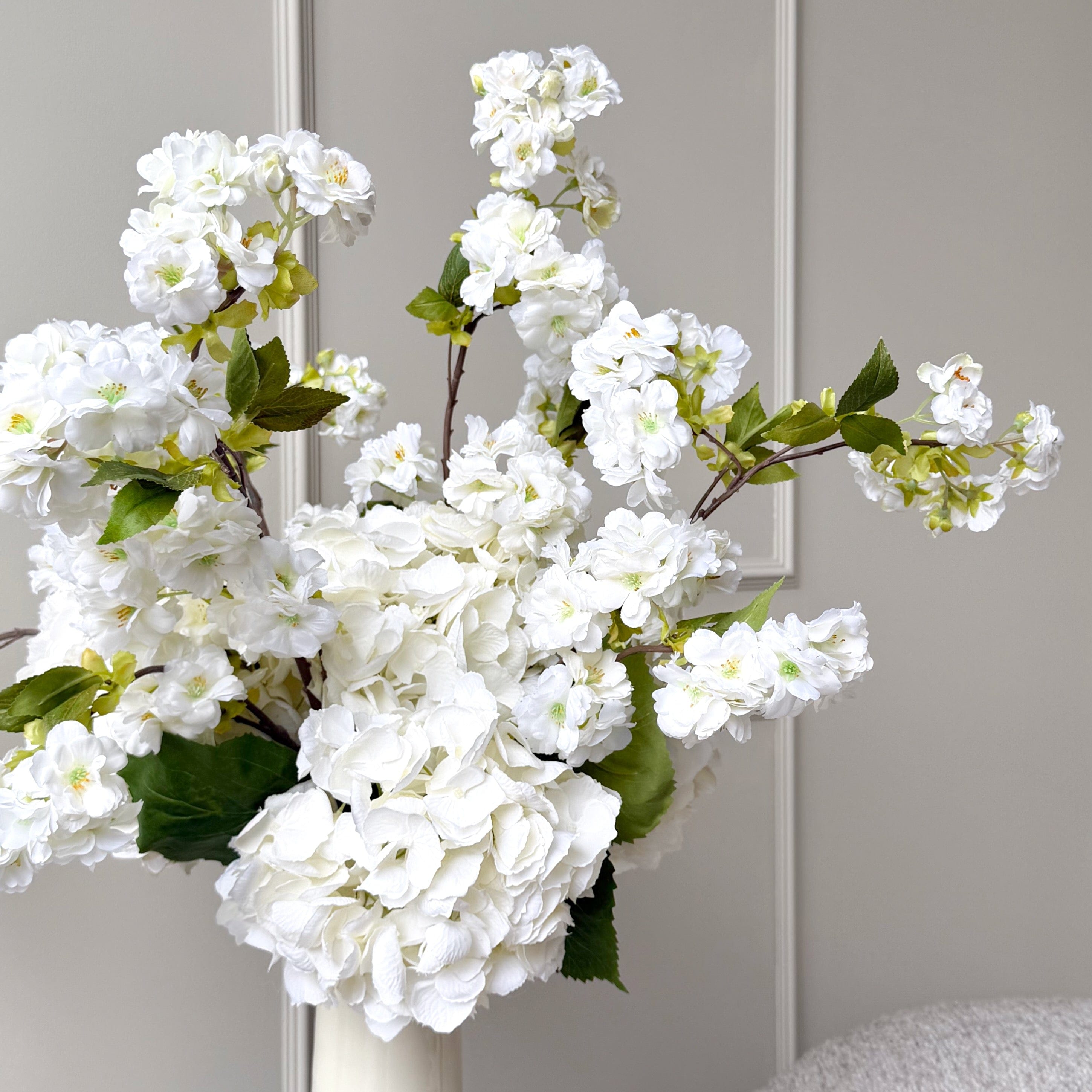 Realistic White Cherry Blossom & Hydrangea Arrangement AR ABX5043WH-5 & ABX5001WH-54-5 by The Faux Flower Company